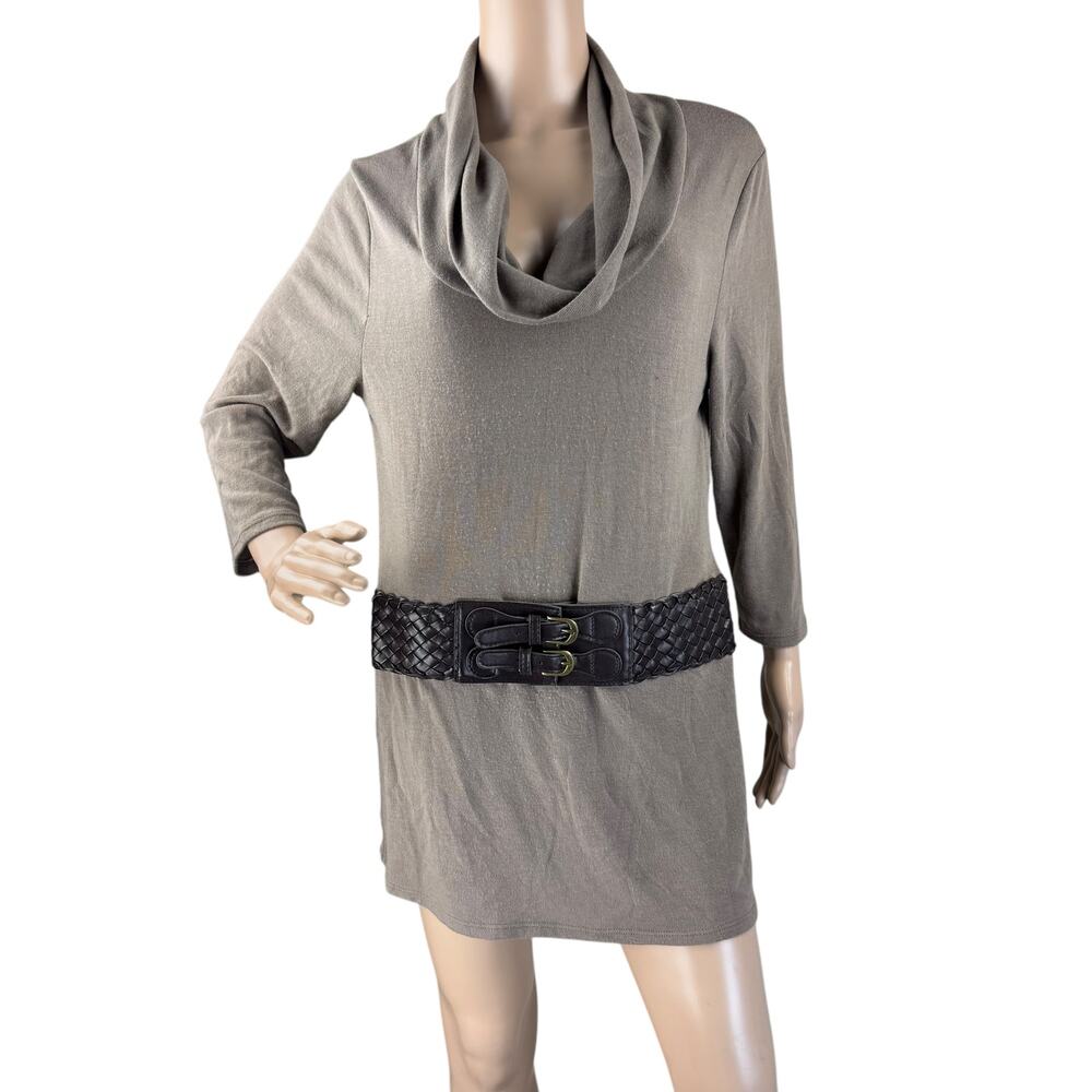 Ms. Bella D Taupe Knitted Sweater Mini Dress Cowl Neck, Long Sleeves, Size M